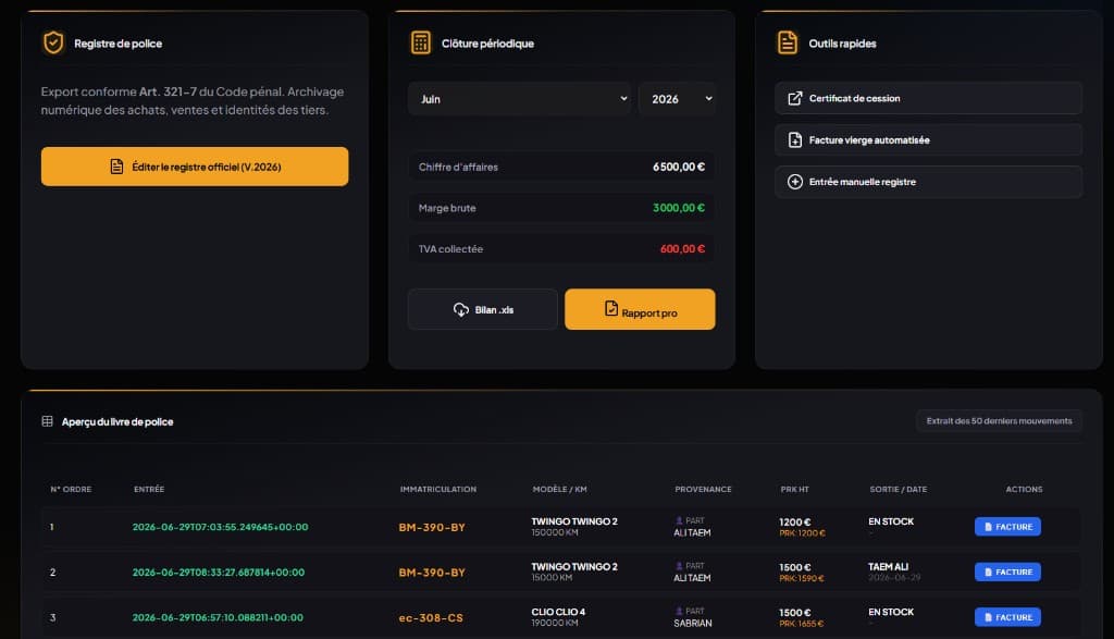 NegoDesk — livre de police numérique synchronisé au stock